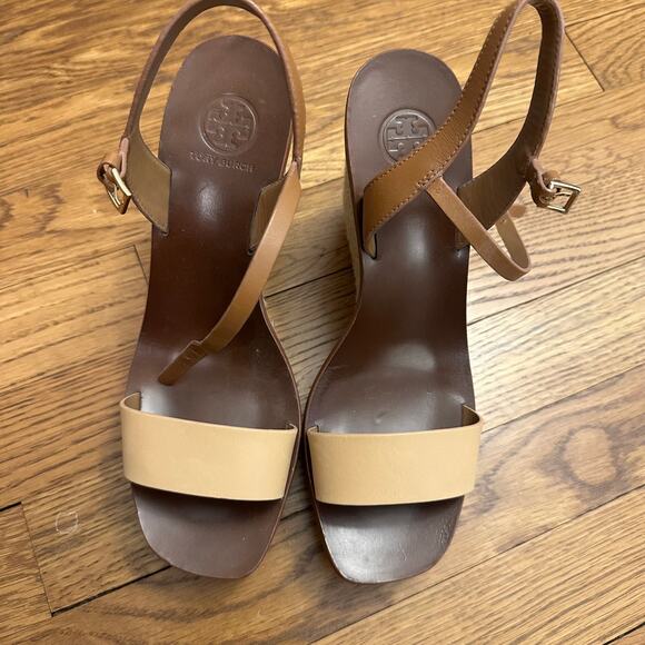 Tory Burch Malaga Wedge Tan Cream Leather Sandals - Picture 2 of 8